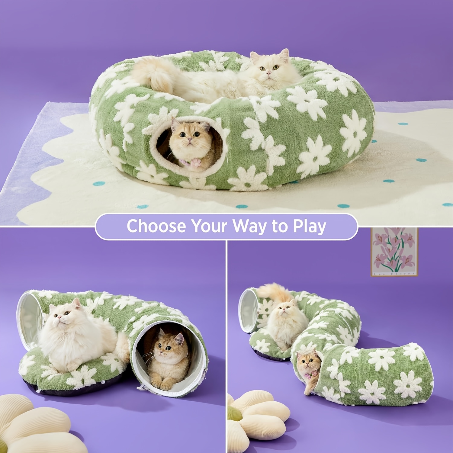 Plush Cat Tunnel in Light Blue Cloud & Green Small Flower Donut Design