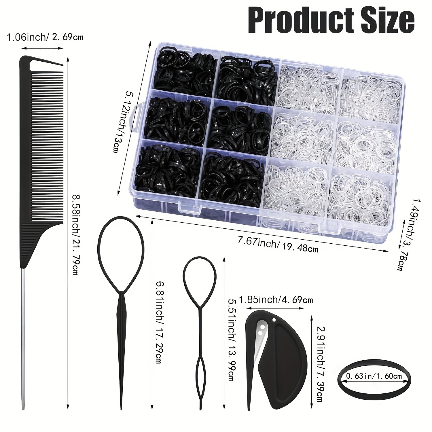 2200 Stück Elastische Haarbänder Set – Transparent & Schwarz, Mit Topsy Tail Werkzeug, Kamm & Gummischneider