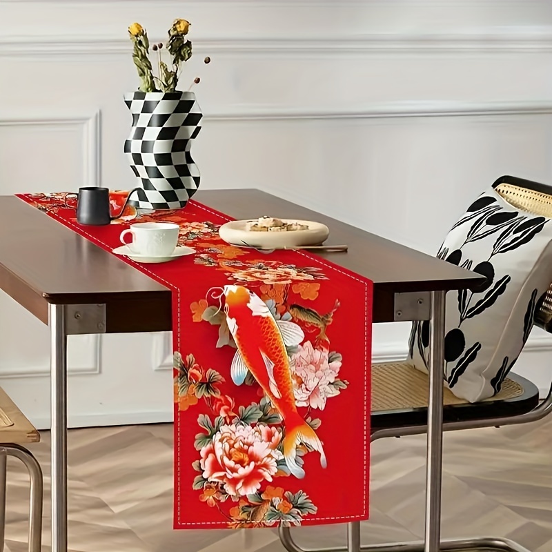 TEMU 1pc Koi Fish Table Runner, Polyester Woven Rectangular Table Decor With Chinese Pattern For , Party, Restaurant, Cafe, Office, Home Decoration