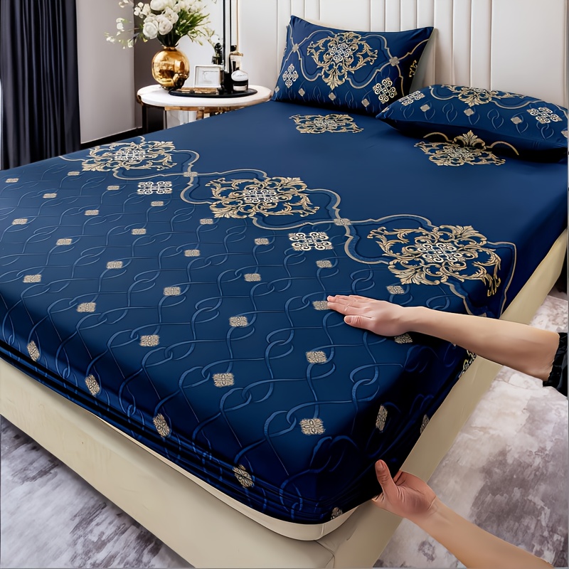 3pcs Set Royal Jacquard Fitted Sheet Set with Pillowcases Fitted  Sheet for Twin, Full, Queen, King Size Beds Shrink-Resistant and  Fade-Proof