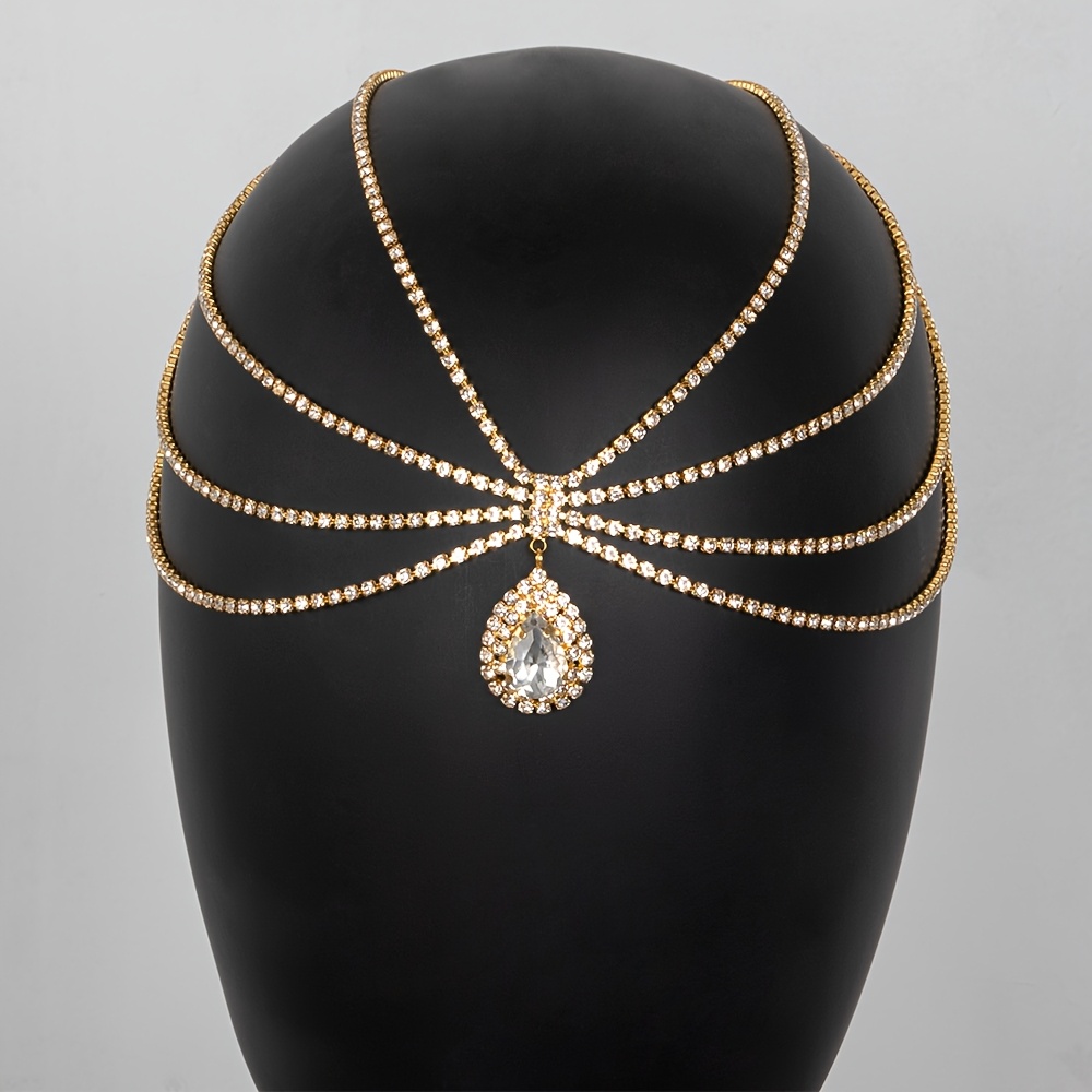 Image of 1pc Western Bohemian Style Fashion Full Diamond Water Drop Sparkling Rhinestone Bride Hair Chain Forehead Chain Suitable For Fashionable Elegant Women, Headwear, Vacation Holiday, Show, Banquet Ball
