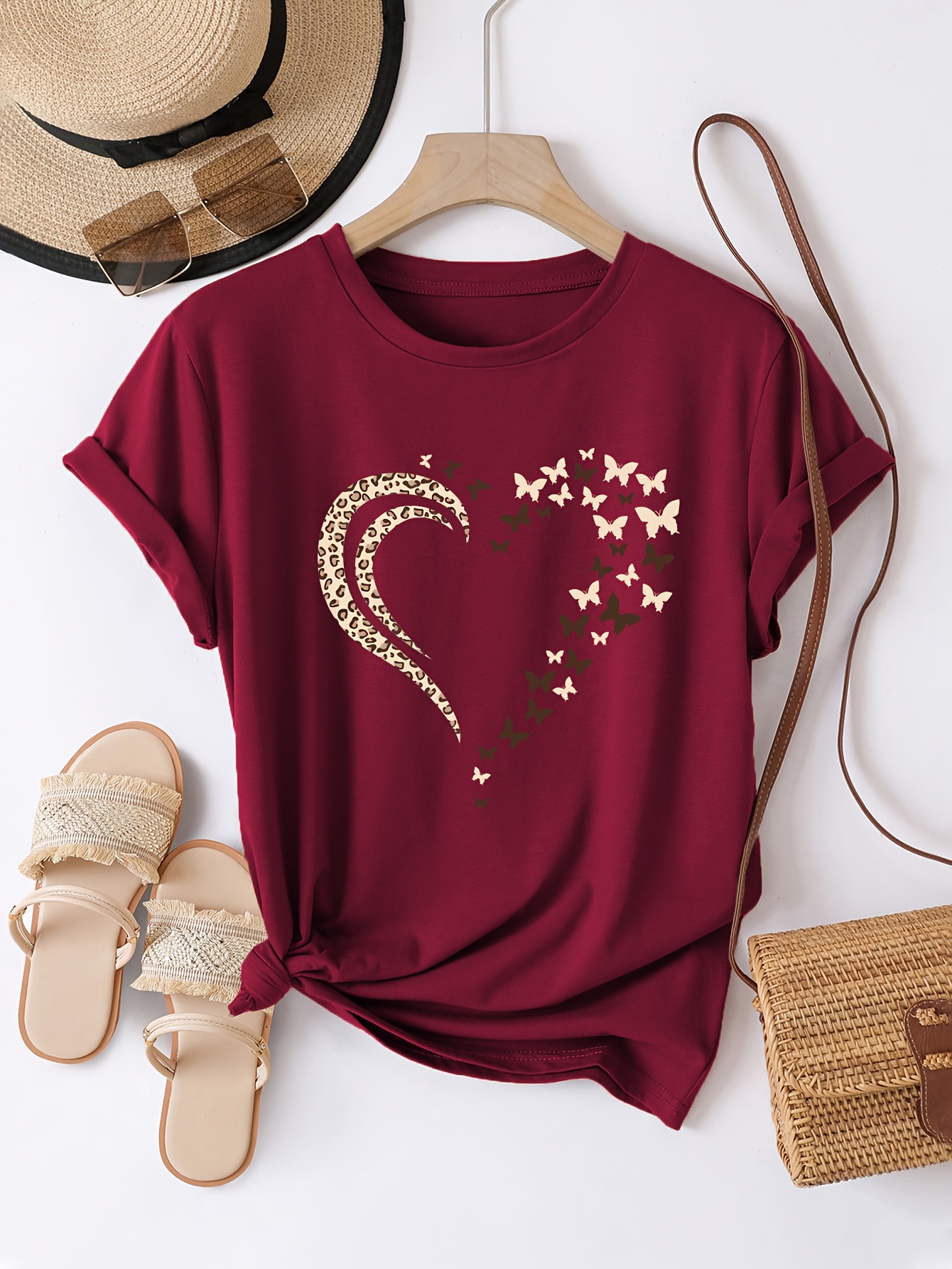 Casual Crew Neck Short Sleeve T-Shirt, Women'S Polyester Basic Round Neck Pullover, Heart Butterfly Pattern, with Slight Stretch, Regular Length and H Fit