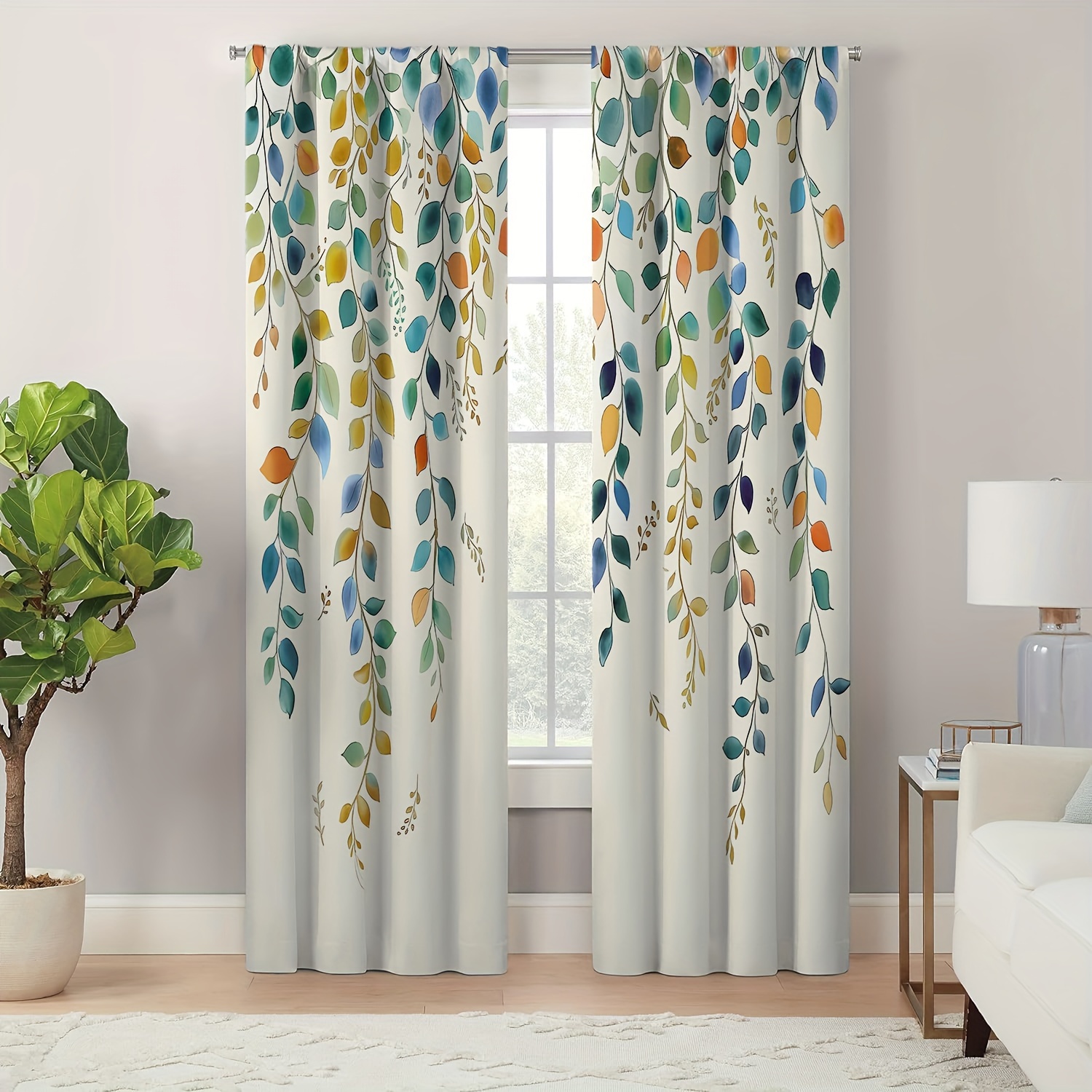 

2pcs/set, Exquisite Leaf Pattern Satin Curtains, Machine Washable, Artistic Decor For Bedroom & Living Room, Room Decor, Home Decor