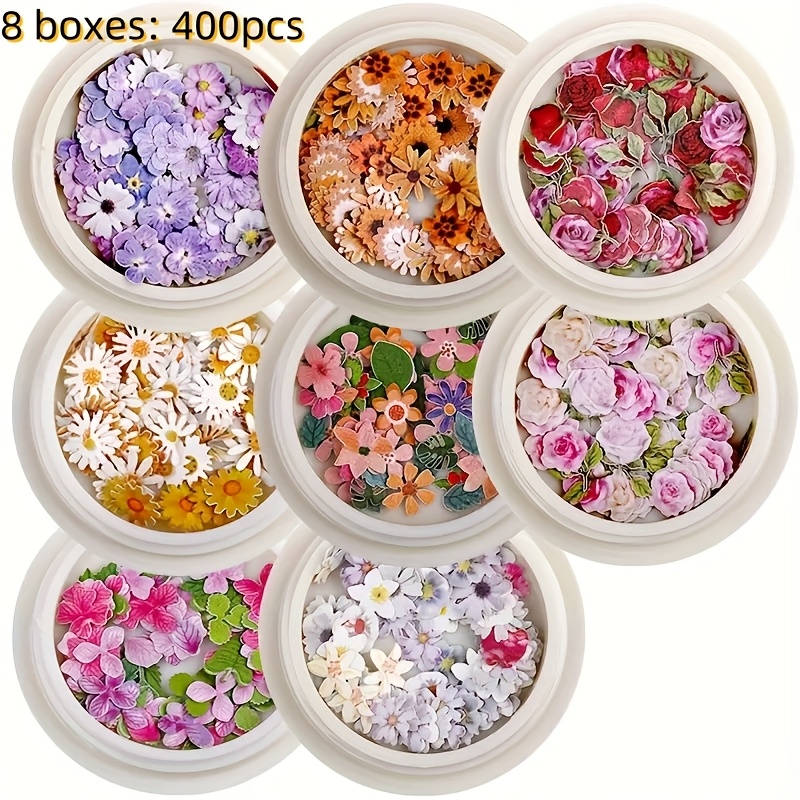 TEMU 8 Boxes (400pcs) Epoxy Resin Filling Sheets - Wood Flowers In Mixed Colors (roses, Sunflowers, Lilacs) For Jewelry Making, Diy Crafts, Nail Art