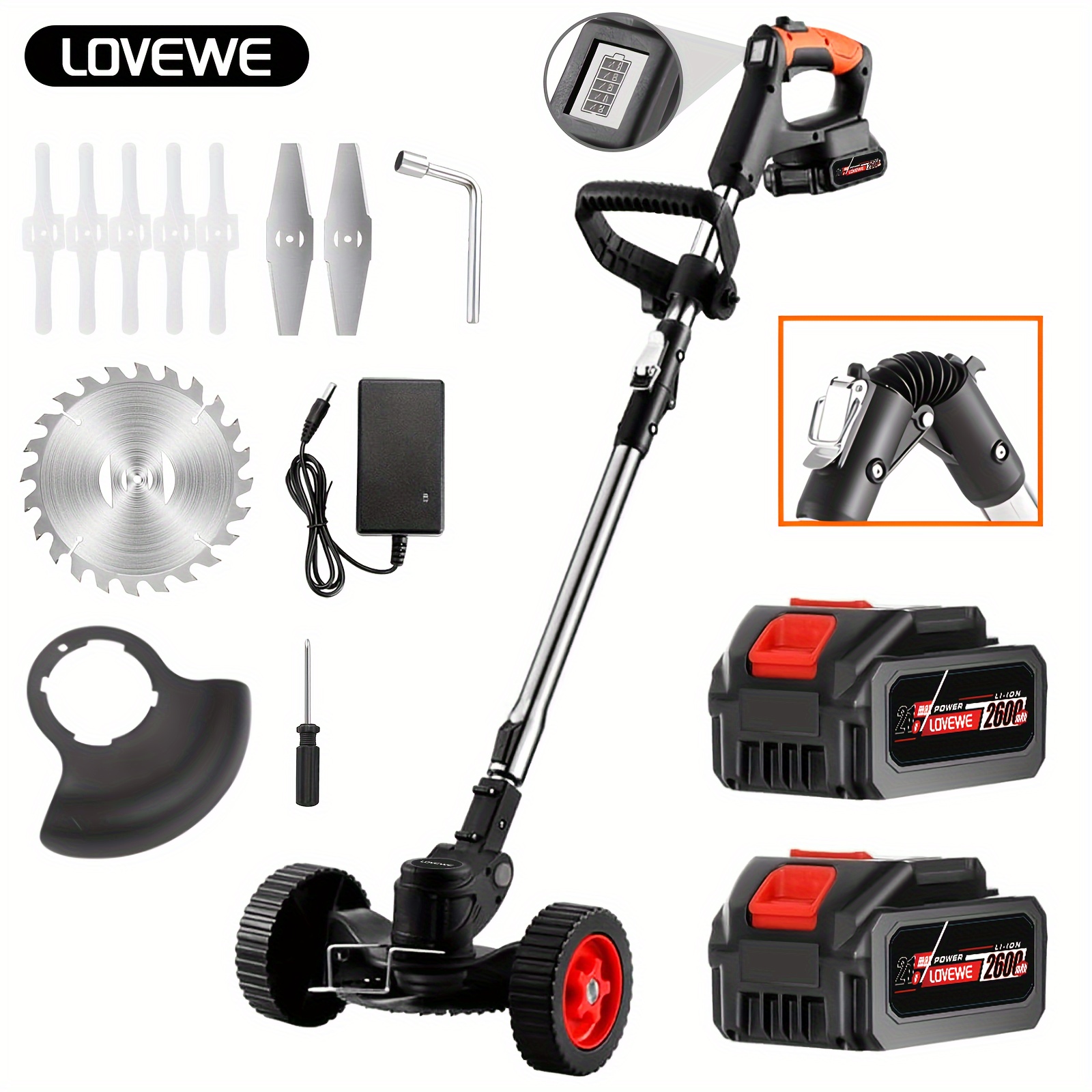 

Cordless String Trimmer Battery Powered 3 In 1electric With 2 Battery, Charger, 5 Plastic Blades, 2 Stainless Steel Blades, 1 Round Metal Saw Blades, And 2 Wheels