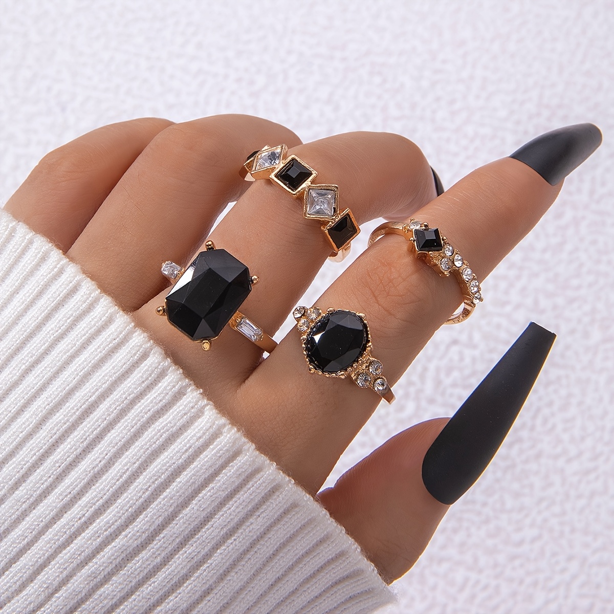 TEMU Ensemble de 4 bagues empilables géométriques multicouche de luxe léger à strass, idéales pour les fêtes, les et .