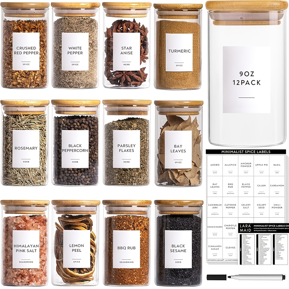 177ml 266ml 12packs empty glass jars set cylinder spice jars with bamboo lids and 75pcs printed labels food storage container canisters for home kitchen spice herbs seasoning seed tea  
