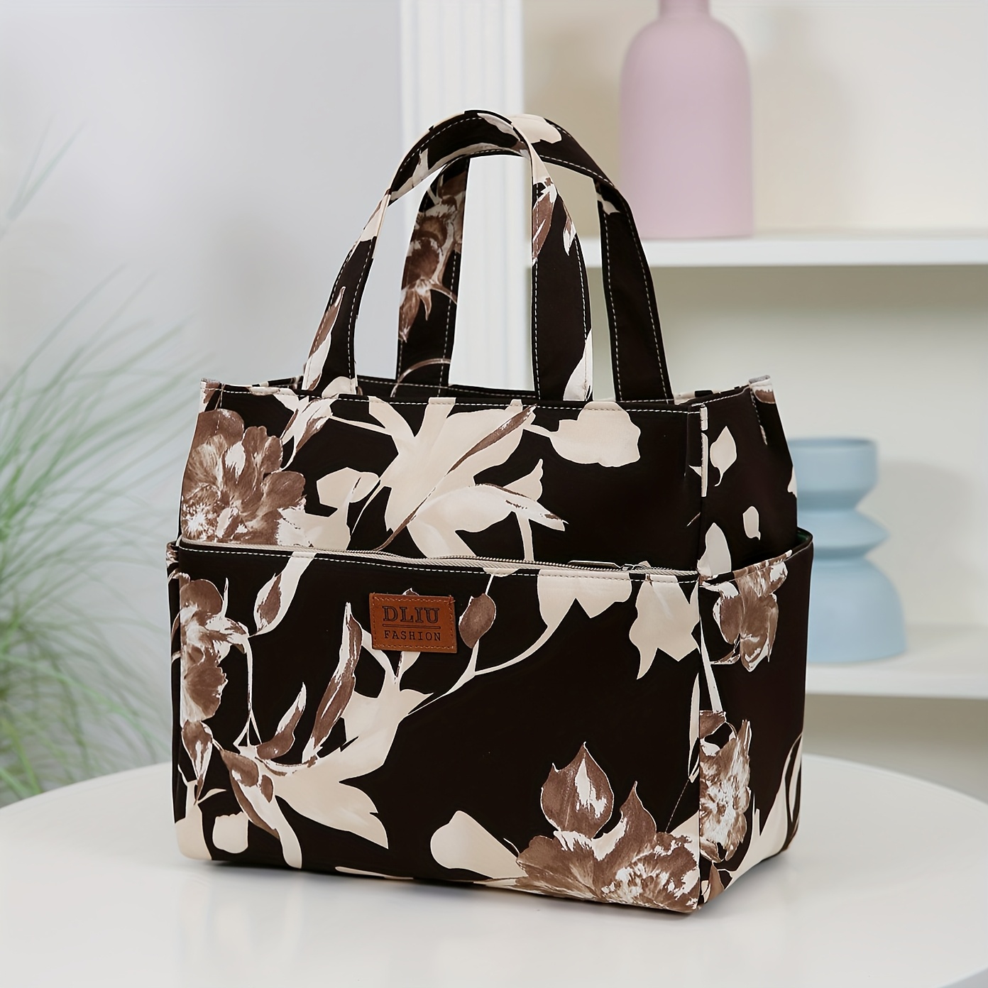 TEMU New Large-capacity Thick Fabric Tote Bag, Fashionable Minimalist Workwear Style With Zippered Semi-closed Design, Side Cup Holder   Front Zipper