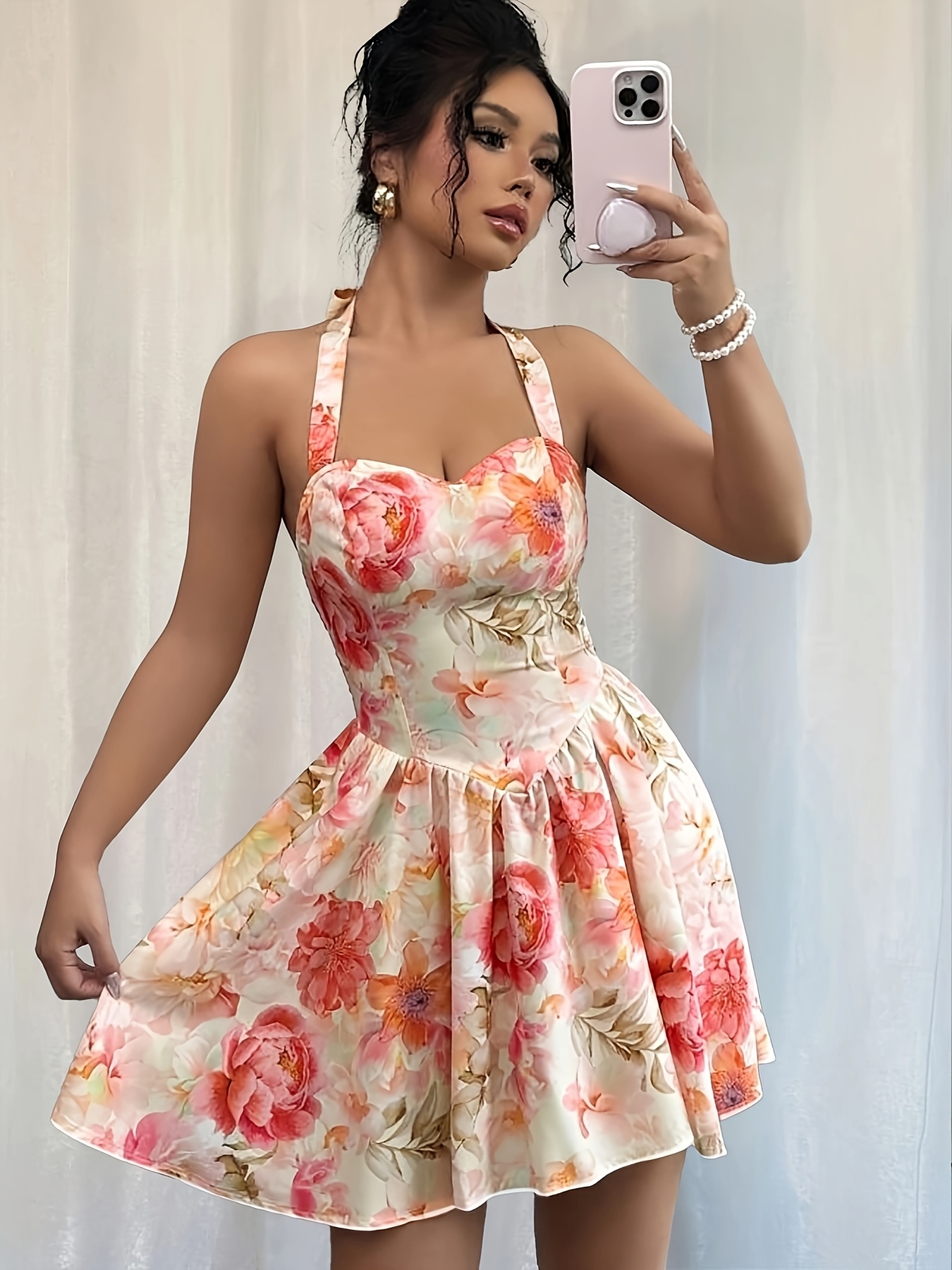 Women'S Elegant Floral Mini Dress - Sleeveless V-Neck with Ruffled Hem, Lightweight Polyester for Summer Vacation & Casual Outings, Cute Dress