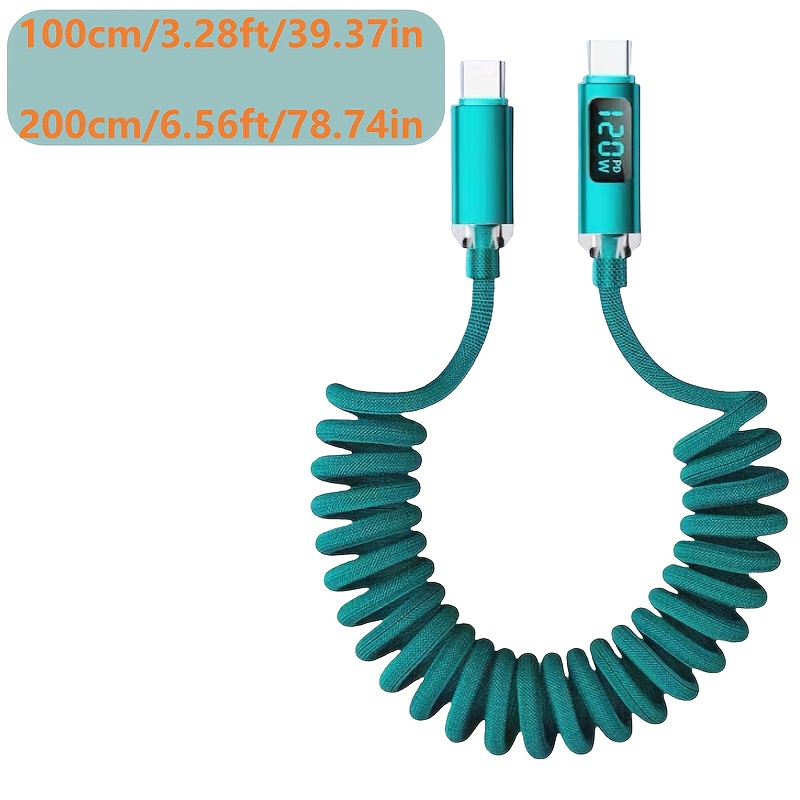 120W pikalaturikaapeli, Type-C - Type-C, reaaliaikaisella näyttötoiminnolla, kierretty tyyppi, soveltuu kotiin, autoihin ja moottoripyöriin, ja käytetään lisävarusteena iPhone 15/16, Samsung, Xiaomi, Huawei ja OPPO -laitteille