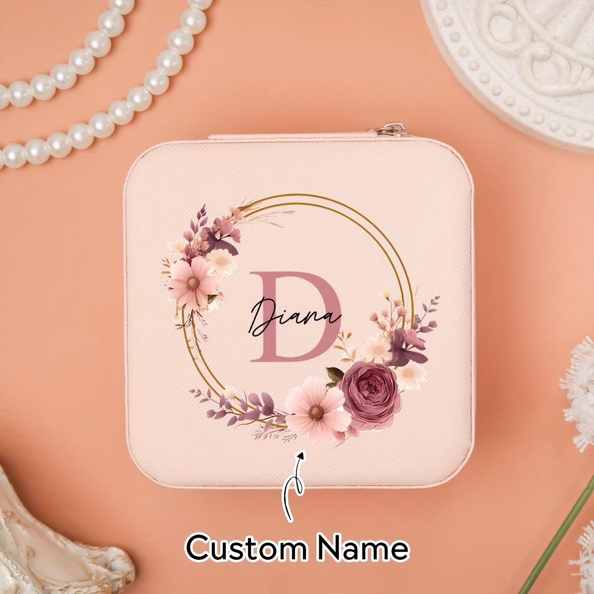 E-shop Schmuckschatulle mit individuellem, modischem Blumendesign und Namensaufdruck, Ring, Halsketten, Ohrring-Multi-Grid-Teilung, Aufbewahrungsbox,