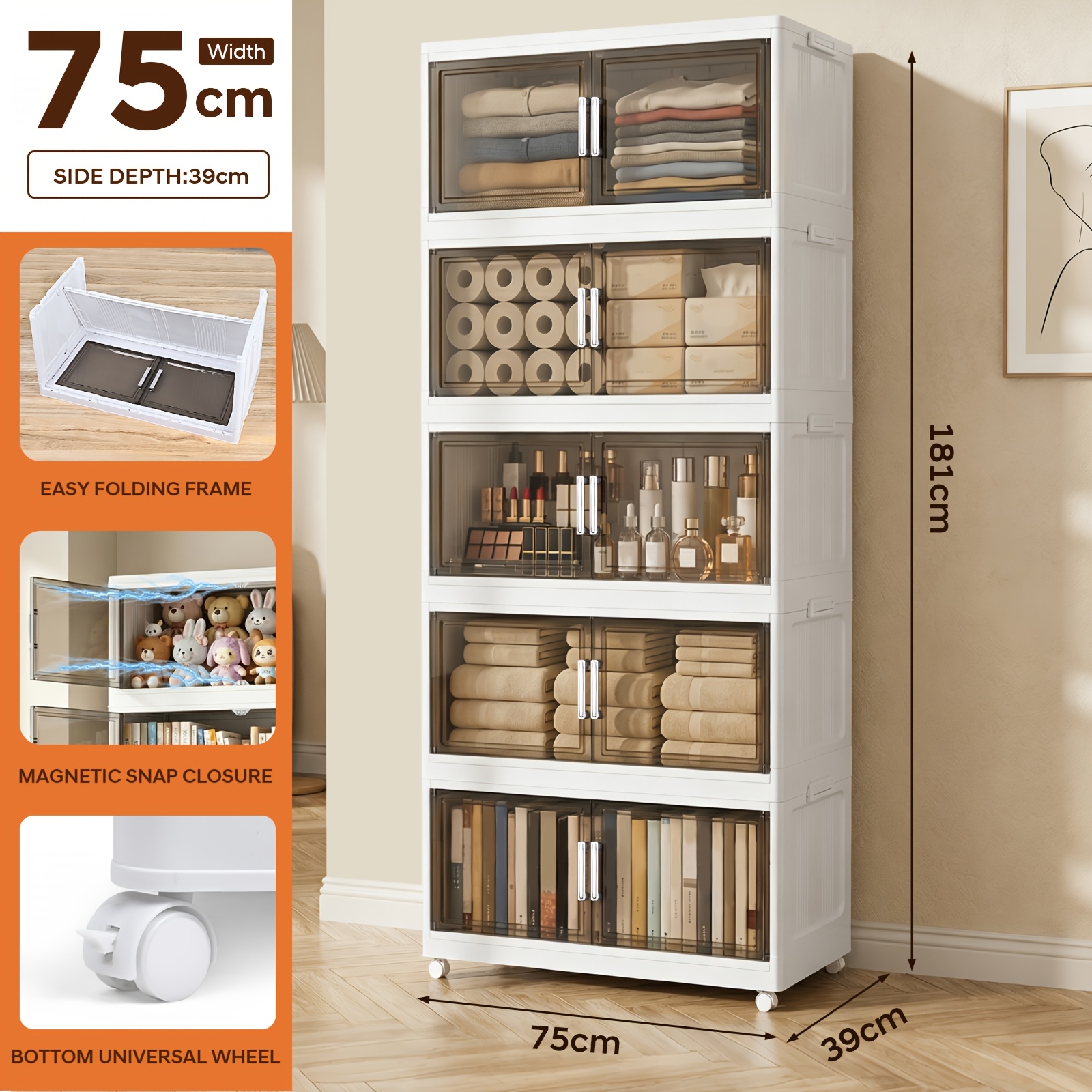 Image of 88cm Extra Large Foldable Office Storage Cabinet With Clear Or Solid Door Panels 3/4/5 Tier Stackable Plastic Organizer With Lids In 75cm And 65cm For Offices Living Rooms And Bedrooms