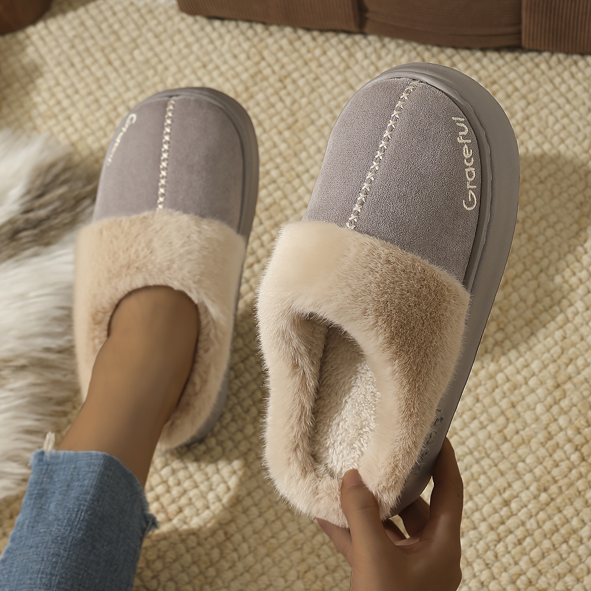 TEMU Women's Autumn Winter Elegant Fashion Plush Slippers, Large Mouth Design, Women Shoes