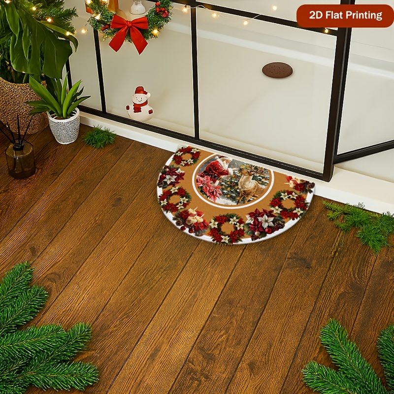 TEMU 1pc Christmas Semicircular Doormat With Christmas Red Flower And Snow Pattern - Non-slip And Indoor/outdoor Entrance Mat, Red/green/white/golden