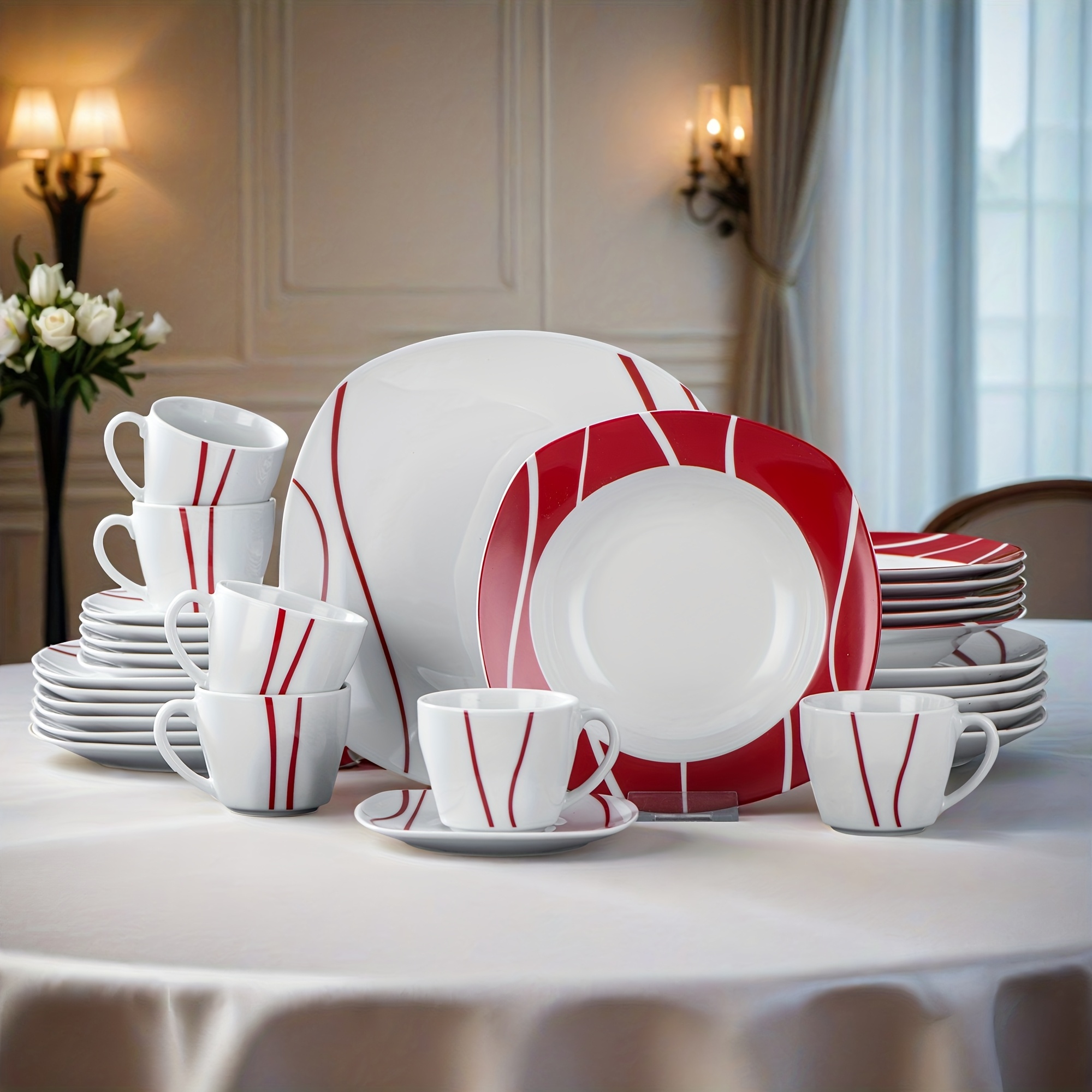 E-shop 30-teiliges Dinner Service Set mit roter Linie Porzellan Geschirr, inklusive Teller, Dessertteller, Suppenteller, Tasse und Untertassen für 6