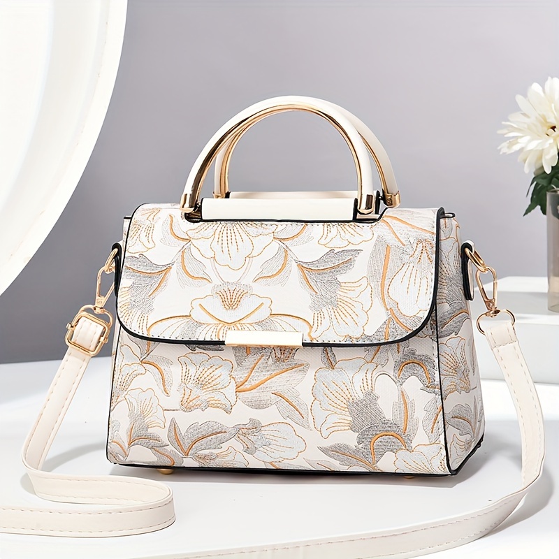 Floral Embroidered Crossbody Bag, Large Capacity with Zipper Closure, Polyester Lined, Versatile Commuter Handbag, Luxurious & Fashionable Design, Edge Paint Detail - Available in Black, Beige, Pink, Khaki, Green