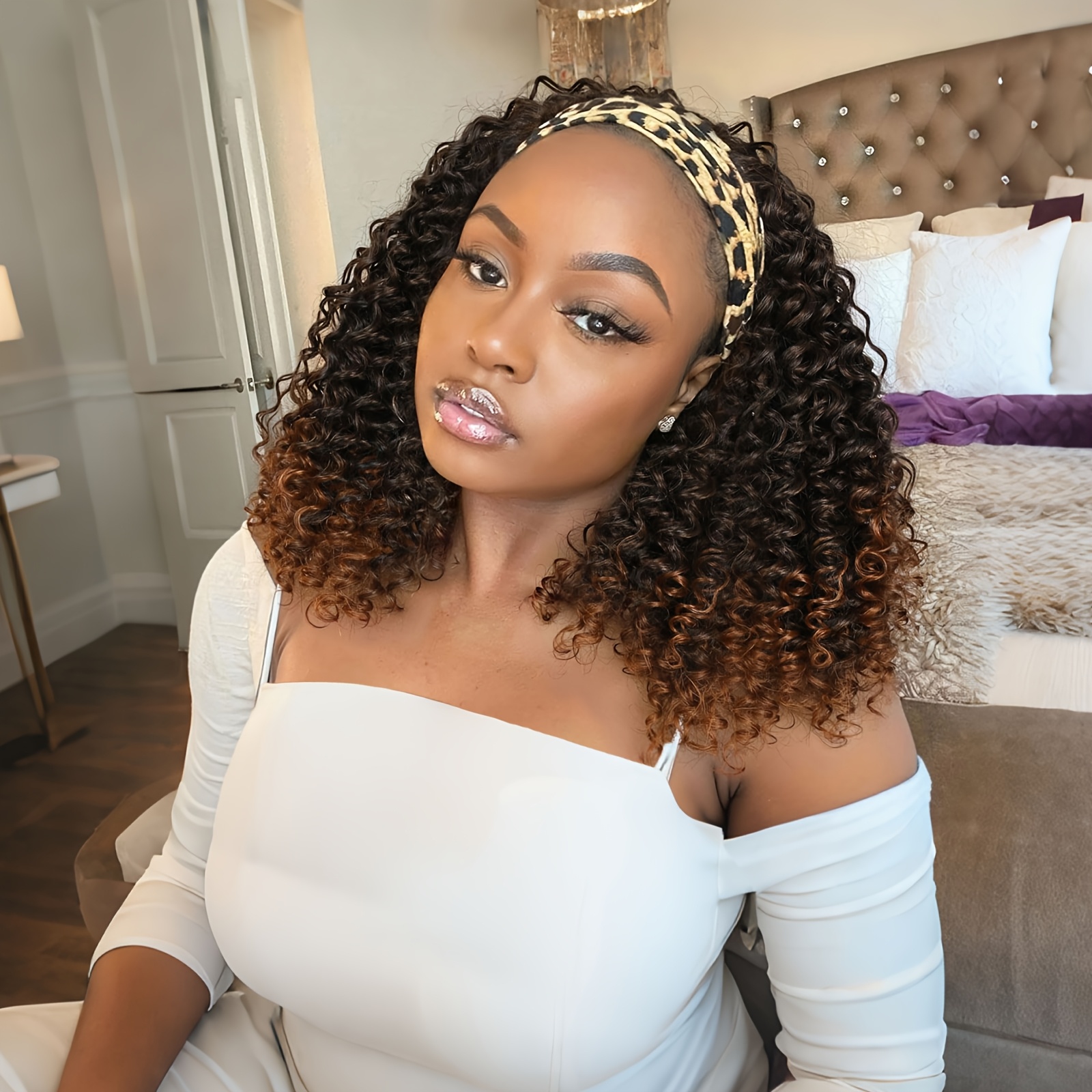 Short Hightlight Headband Wig Deep Wave Curly Wig For Women Costume Wig (1b/30)