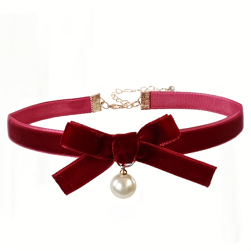 TEMU 1 Estilo Banda para el Cuello Estilo y Cool, Collar con de Terciopelo Negro Borgoña y Perlas