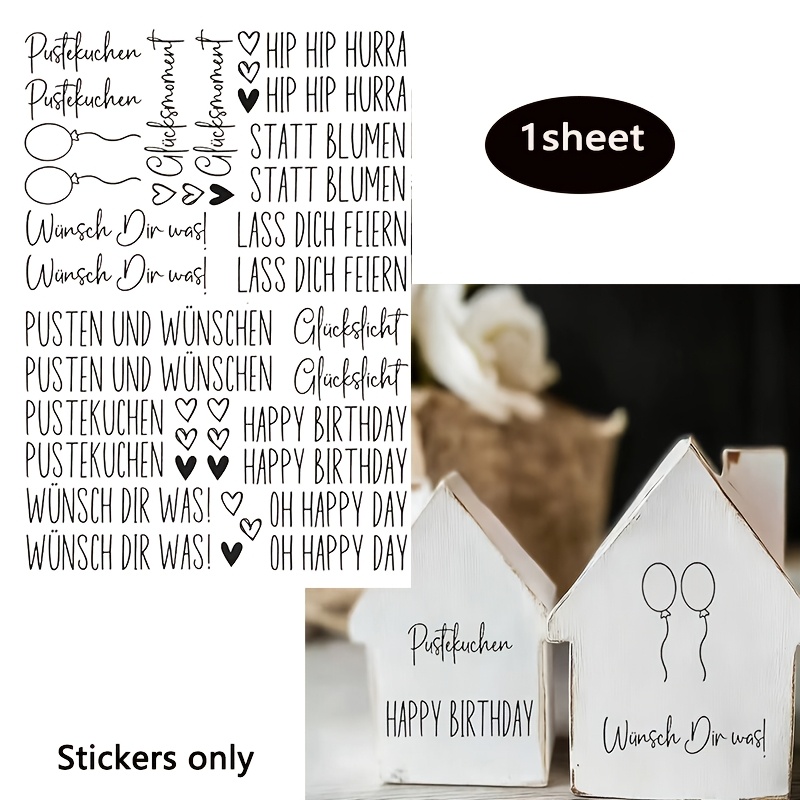 1 Sheet Uv Dtf Transfer | Birthday Theme With German Phrases Like "", " Dir Was!", " ", And "happy Birthday", Suitable For Smooth Surfaces Like Ceramics, Candle Holders, Walls, Tables, Cake Boxes