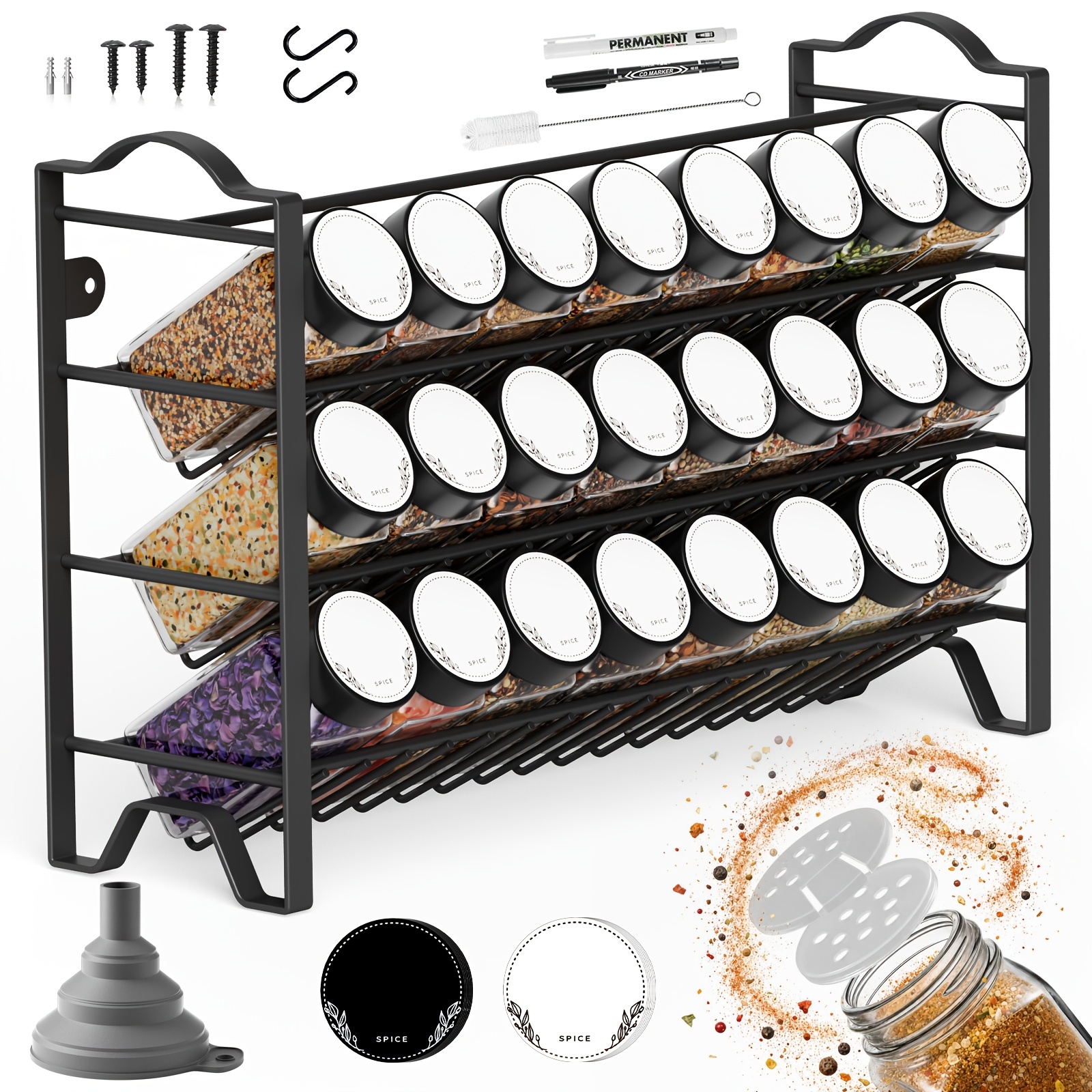 Miorkly Spice Rack, Spice Organiser With 24 Spice Jars, 120ml, Spice Rack, Kitchen Organiser With Labels, Funnel, Brush, Pen, Kitchen, Glass Spice Jar, Kitchen Spice Organiser
