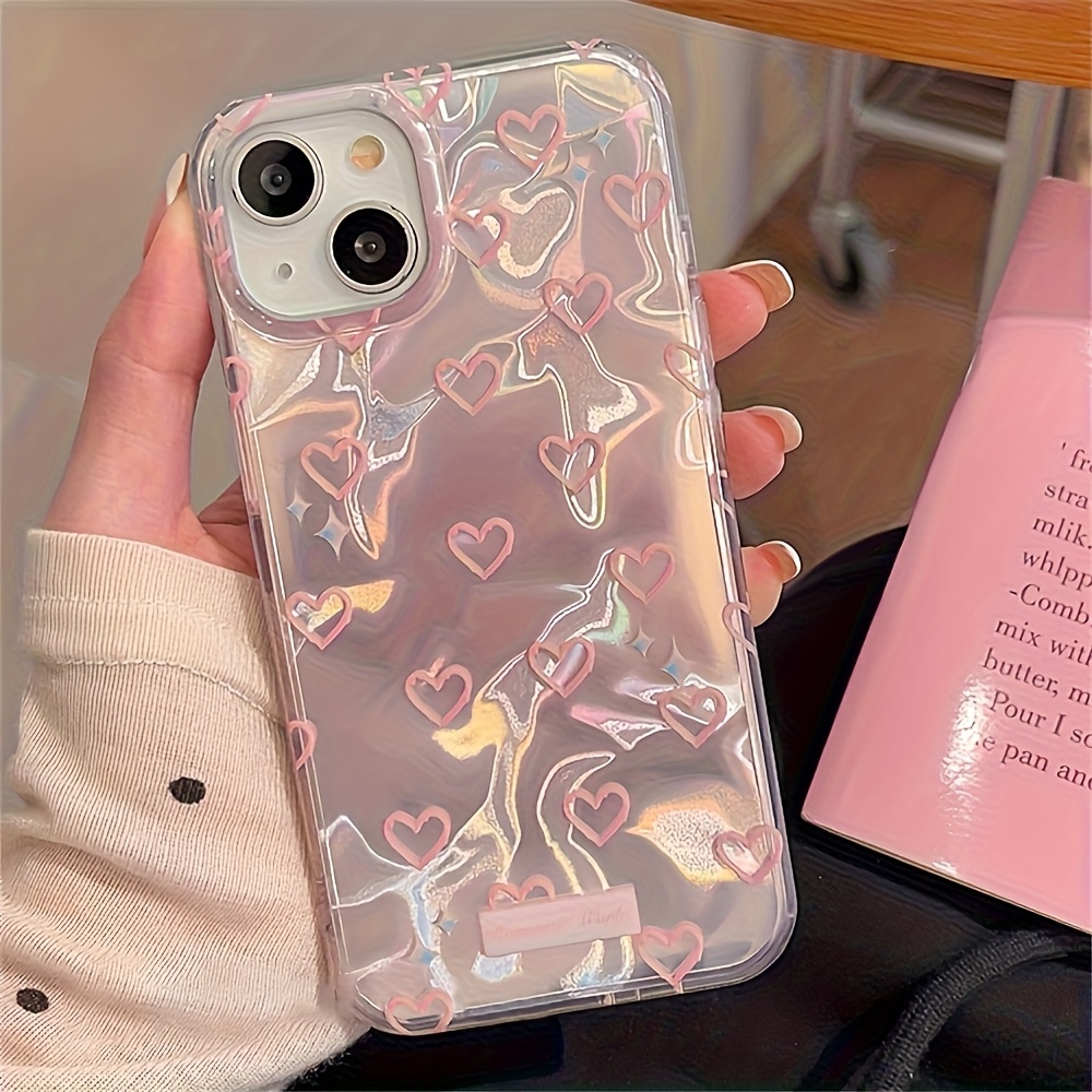 TEMU Phone Case - 1pc Korean-style Cute Laser Gradient Heart Phone Case, Compatible With Various Iphone Including 16/15/14/13/12 Phone Cases/11 Pro
