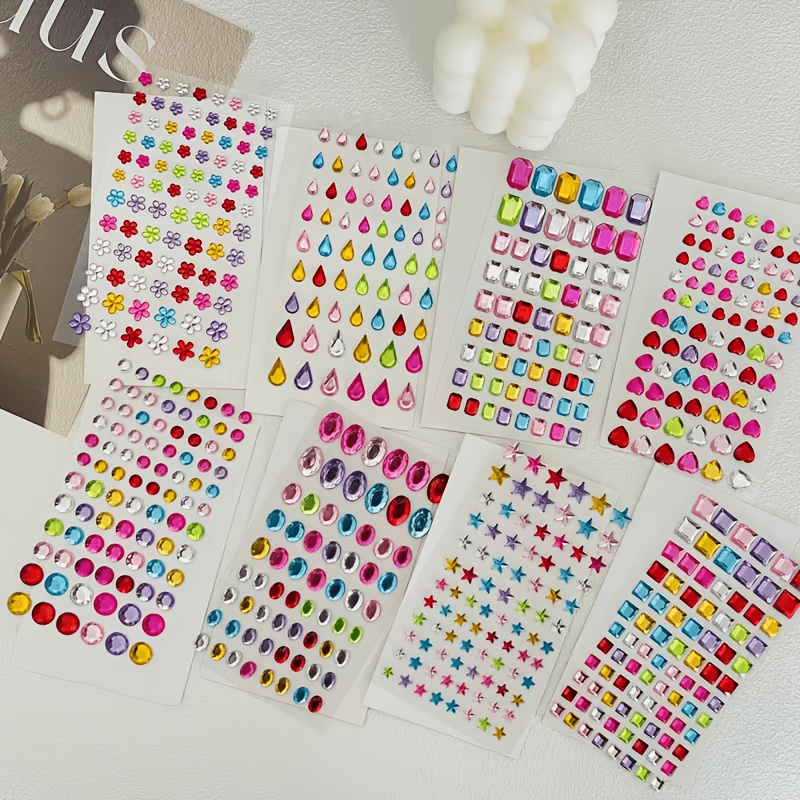 Image of 635pcs Beautiful Colored Acrylic Diamond Decorations, Heart, Star, Round, And Flower Shapes. Self-adhesive Stickers Are Ideal For Crafting, Decoration