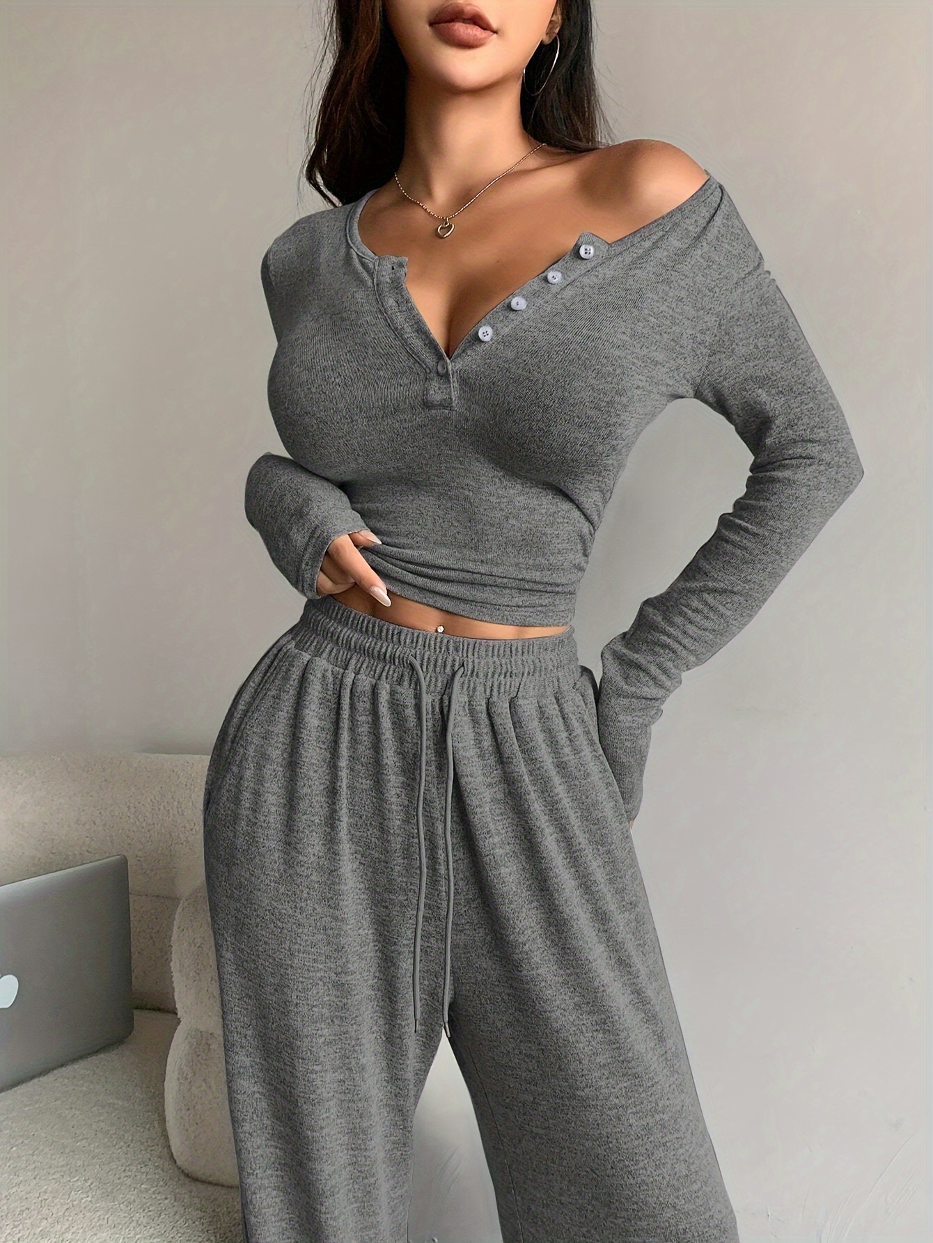 autumn and winter pants set with button v neck   fit short t shirt sexy top wide leg flared pants elastic waist high waist long pants for spring and autumn 0