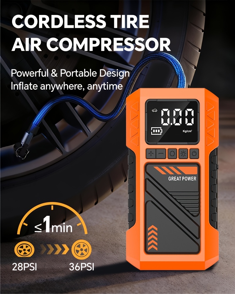 Upgraded 10-In-1 Multifunctional Portable Air Compressor, Equipped with 180 PSI Air Pump, Heavy-Duty Car Emergency Jump Start Kit, Emergency Starter Box for 5.0L Gasoline/101.44Oz Diesel, Portable Tire Inflator, 8000A Peak, 3 Modes Lighting