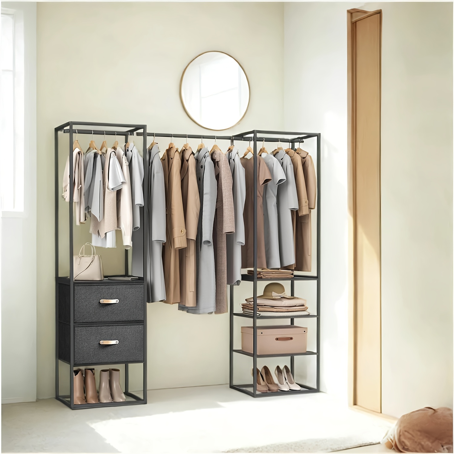 Clothes Rack, Open Wardrobe, Heavy-duty Clothes Rack, 1 Extendable Rod, 2 Drawers, 4 Shelves, Black, Portable Closets
