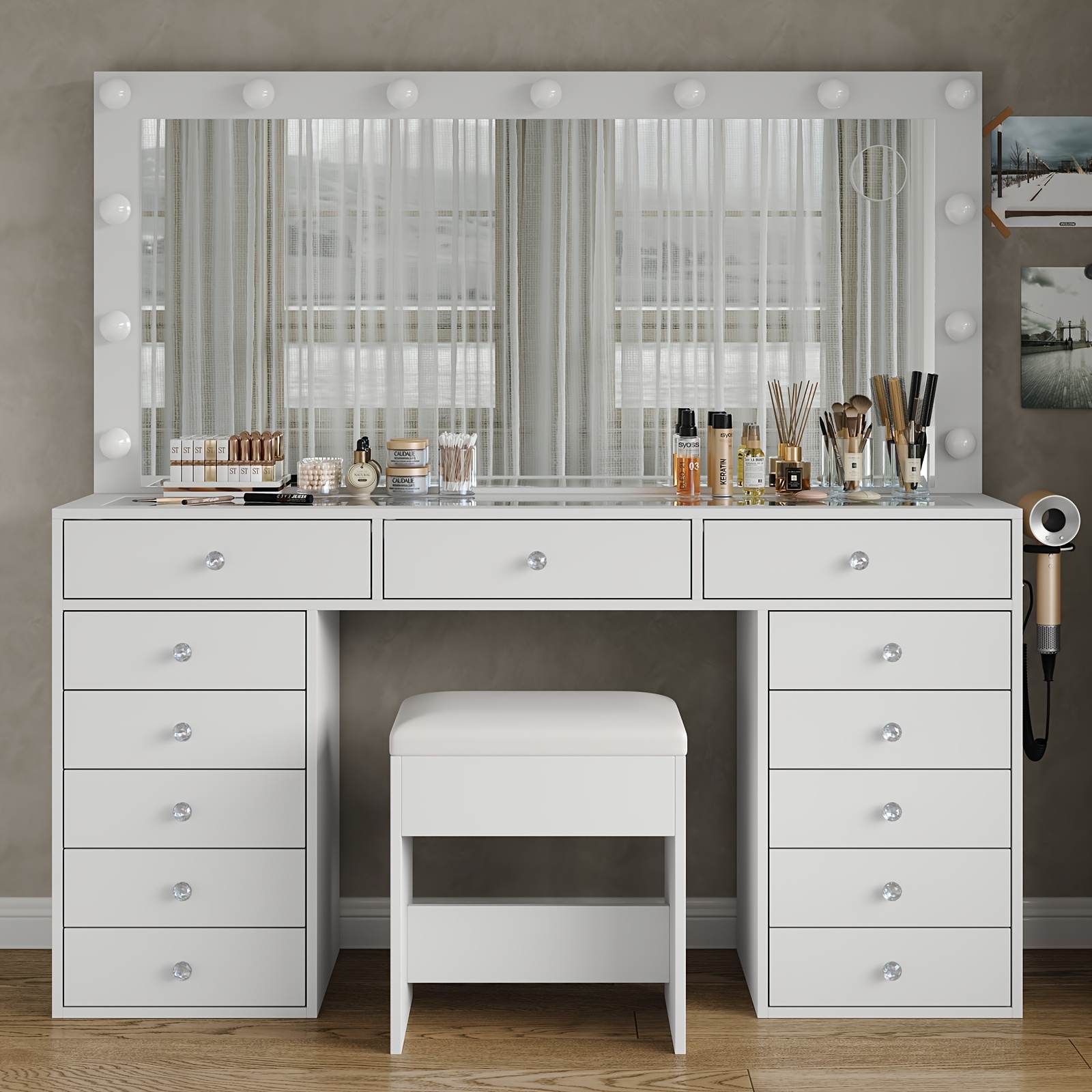Professional Makeup Vanity Desk with Power Outlet (US Plug) & 13 LED Bulbs - 3 Lighting Modes (Cold/Warm/Natural Light), Glass Top Vanity Table, Spacious Drawing - Elegant White Dressing table for Home Salon, Birthday/Christmas Gift for Women - Assembly Required, Makeup Organizer for Vanity, Hollywood Style Lighting, Durable Mdf Construction