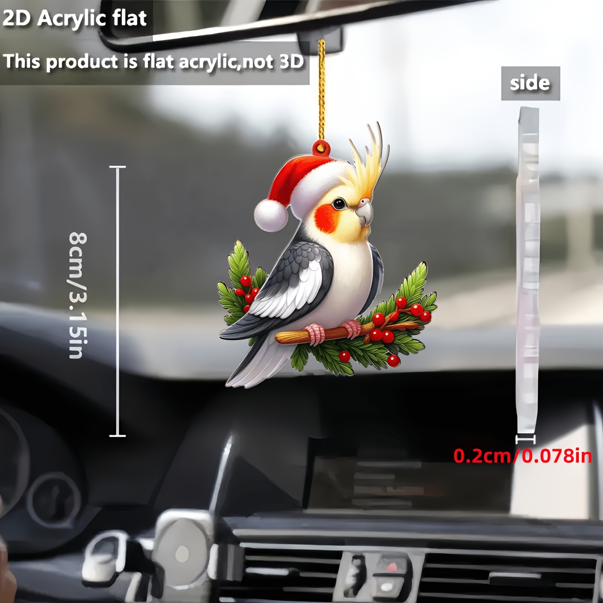 TEMU Pendentif de Noël 2D plat en acrylique, motif de cockatiel, une décoration polyvalente pour des fêtes, idéal pour suspendre dans une voiture ou