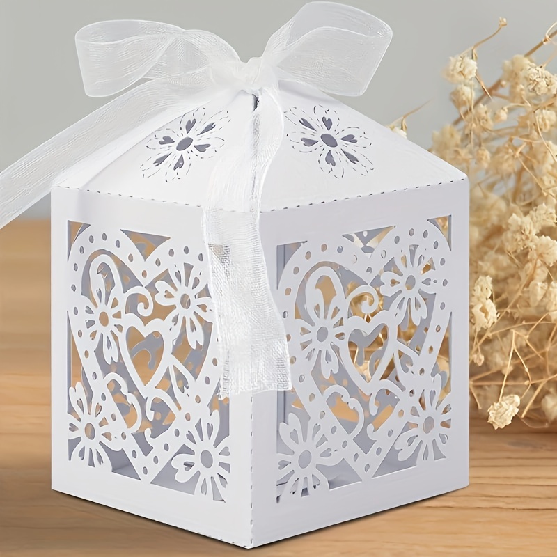 

25 Pcs White Heart-shaped Laser Cut Candy Boxes With Ribbons - Perfect For Weddings, Birthdays, And More