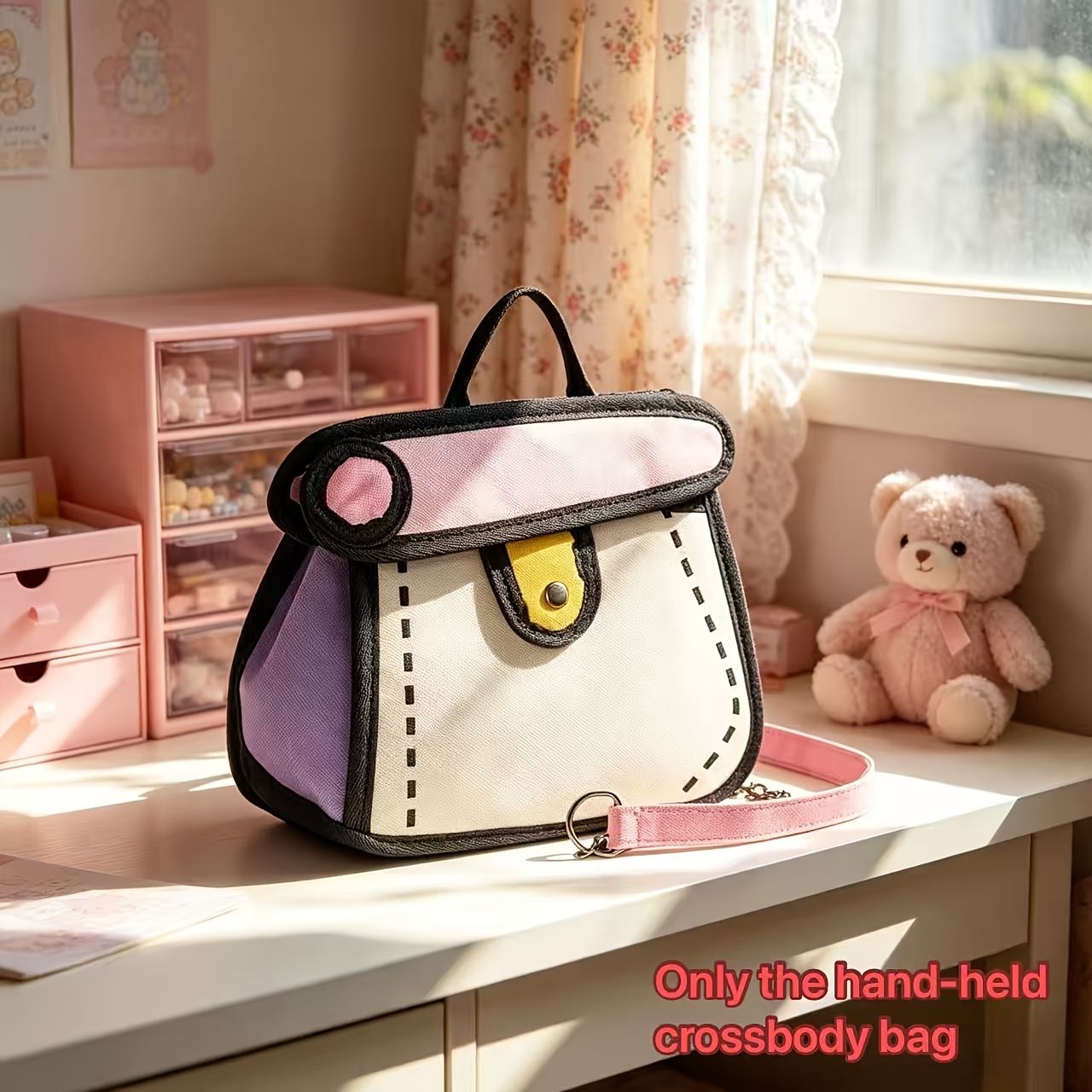 Borsa a tracolla creativa bidimensionale con effetto fumetto, colori a contrasto, piccola borsa a tracolla portatile per uso quotidiano_voghion.com