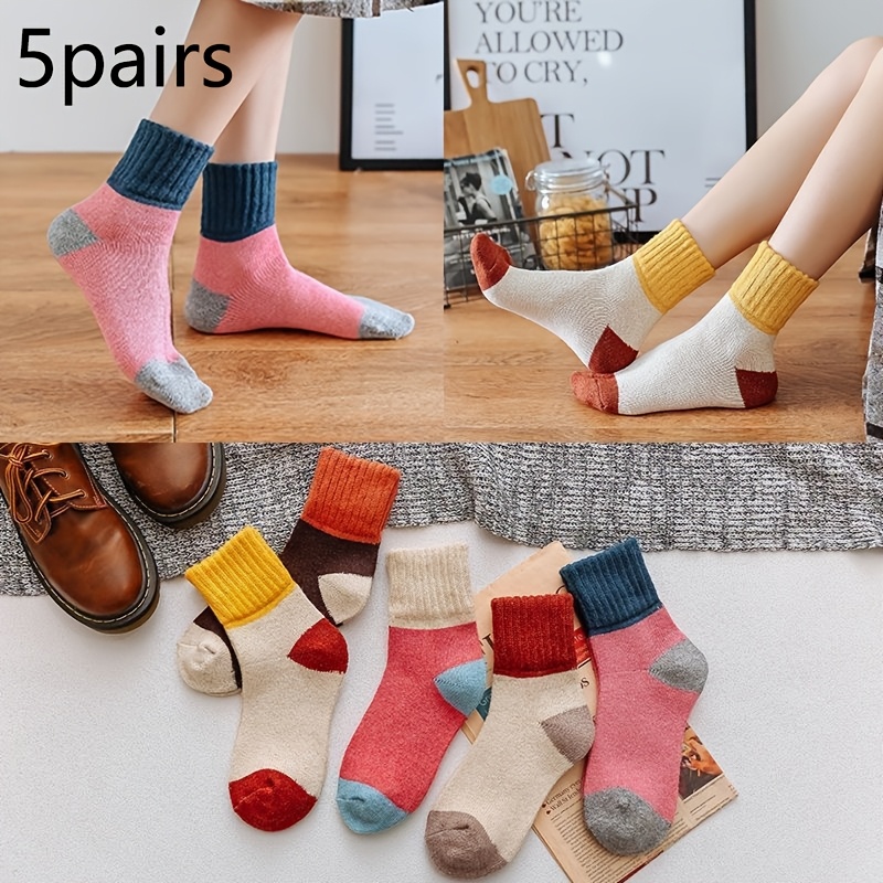 

5 Pairs Women's Mid-calf Socks - Thickened Fleece, Korean Style, College Warm, Polyester 95% Spandex 5%, Hand Washable, Knit Fabric Mesh Short Socks