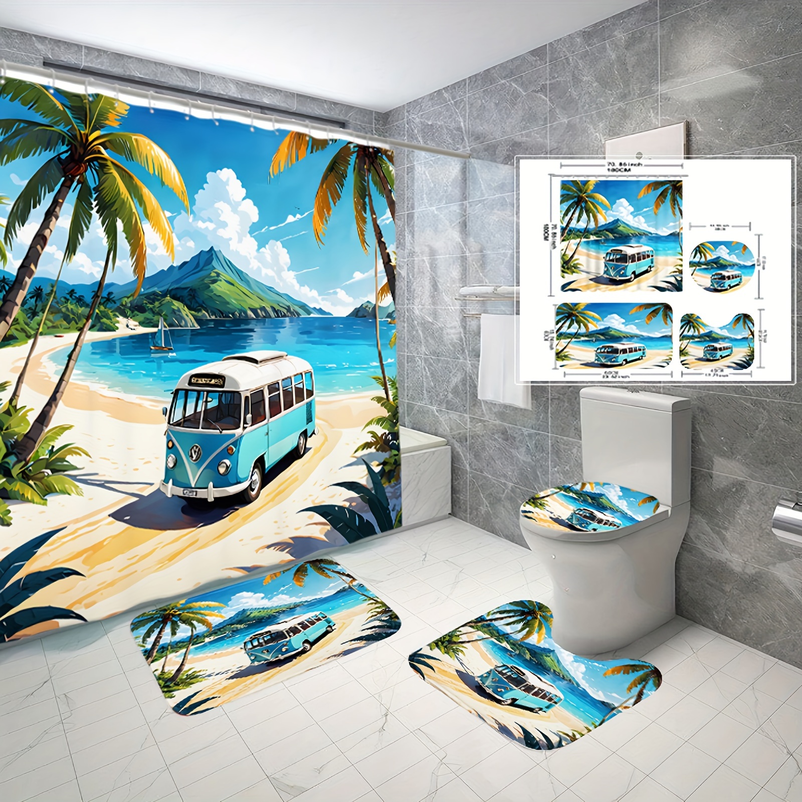 

Ensemble de rideau de douche et tapis de plage imprimé numérique, décoration moderne de salle de bain à la maison avec rideau de douche, tapis et couvercle de toilette