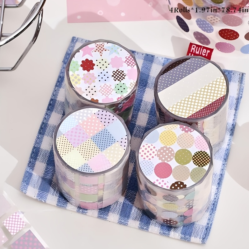 TEMU 4 Rollen X 1,97In X 78,74In Kawaii Pastell Geometrisches Polka Klebeband Set, Transparentes Stern- und Punkt-Dekor Klebeband für minimalistische