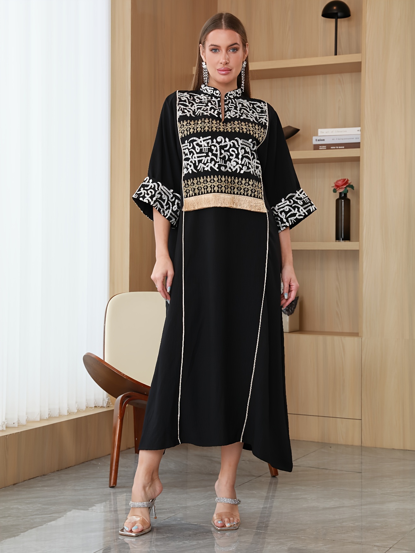 Directional Heavy * Vintage Arabic Women's Elegant Black Dress JALABIA  Three-Quarter Sleeve Small V-Neck Stand Collar 2026 Latest Design New Year  Robe, 2026 New Style Ramadan Traditional, Eid Elegant ...