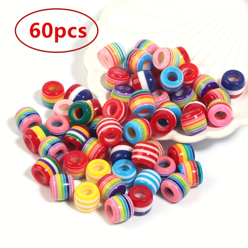 Image of 60pcs Resin Rainbow Striped Large Hole Beads Spacer Beads For Diy Loose Bead Bracelet Charms Jewelry Accessories