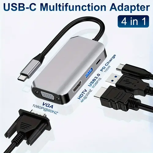 4 in 1 multiport adapter 4k hdtv usb a 3 0 docking station 4k hdtv port 1080p vga port pd 100w charging 1 usb ports for macbook ipad pro laptops iphone 15 max surface and more