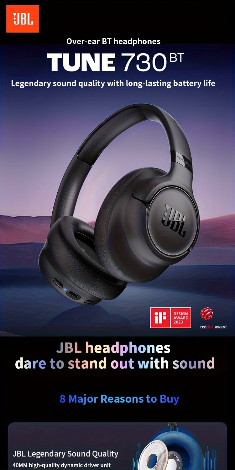 JBL TUNE 730BT Wireless Over-Ear Headphones Designed for Sports, Featuring a Remarkable 76-Hour Battery Life, Noise Cancellation for Calls, Dual Microphones, And Suitable for Gaming And Computer Use, New Model for 2025