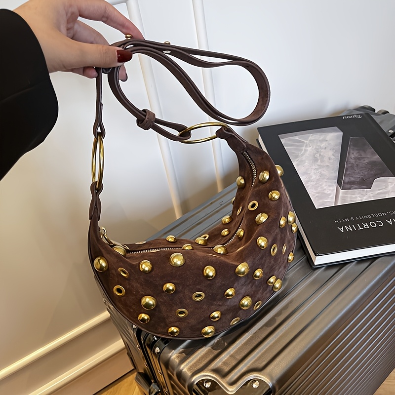 Retro Rivet Heavy Single Shoulder Women' Hollow Crossbody Bag Punk Style Single Shoulder Bag Metallic Women' Street Portable Crescent Bag