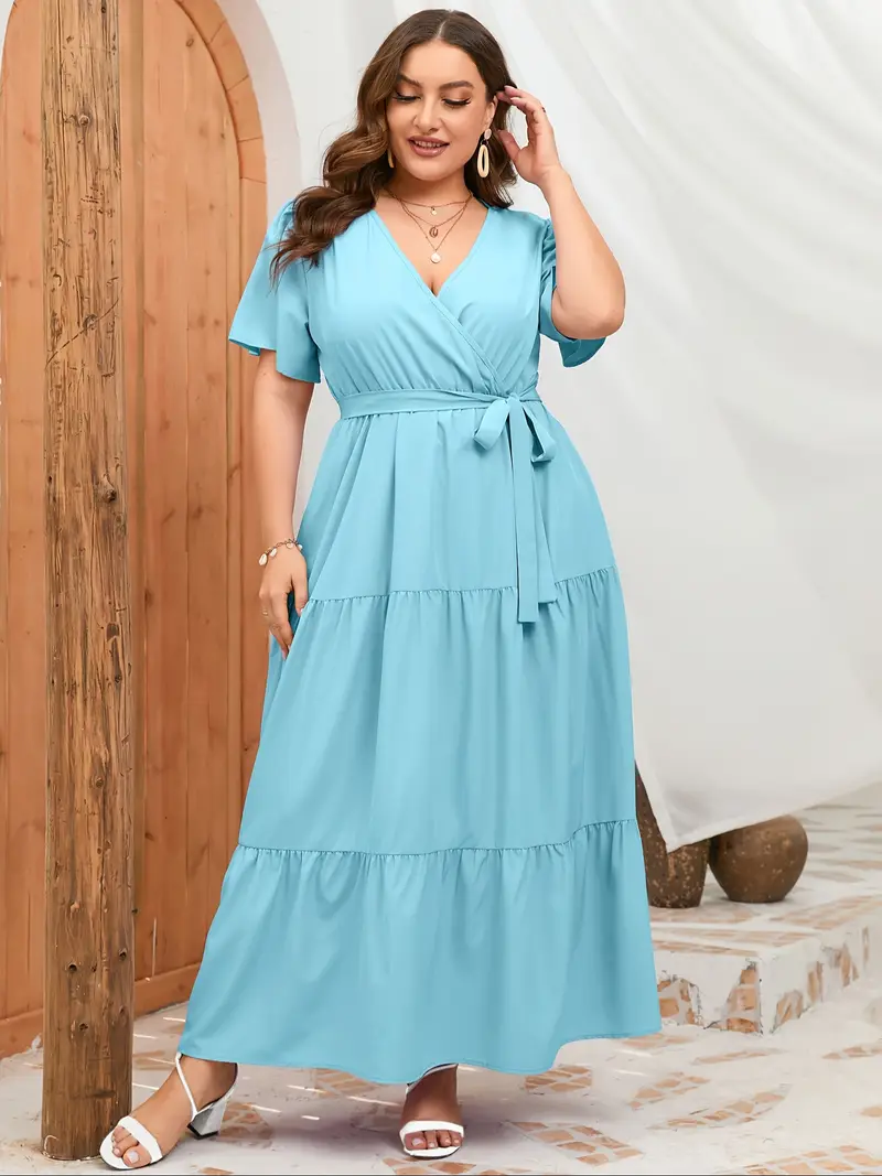 women plus size v neck wrap maxi dress high waist casual - Temu women plus size v neck wrap maxi dress high waist casual - Temu
