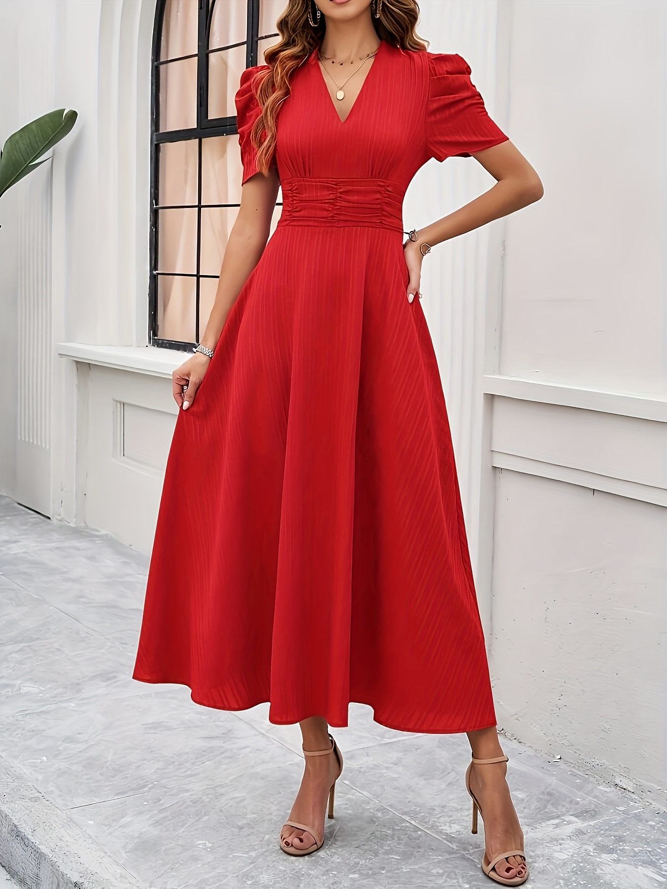Evening Gown Women's Plus Size Red Maxi Dress Formal Dress V Neck  Dresses For Short Chubby Ladies Women Solid Red V-Neck Cuff Sleeves