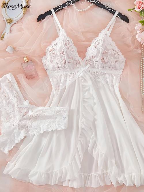 1set 2pcs womens deep v lace cami nightdress sheer mesh lingerie set with adjustable straps elegant and tempting sleepwear for romantic nights honeymoon or daily homewear in multiple colors