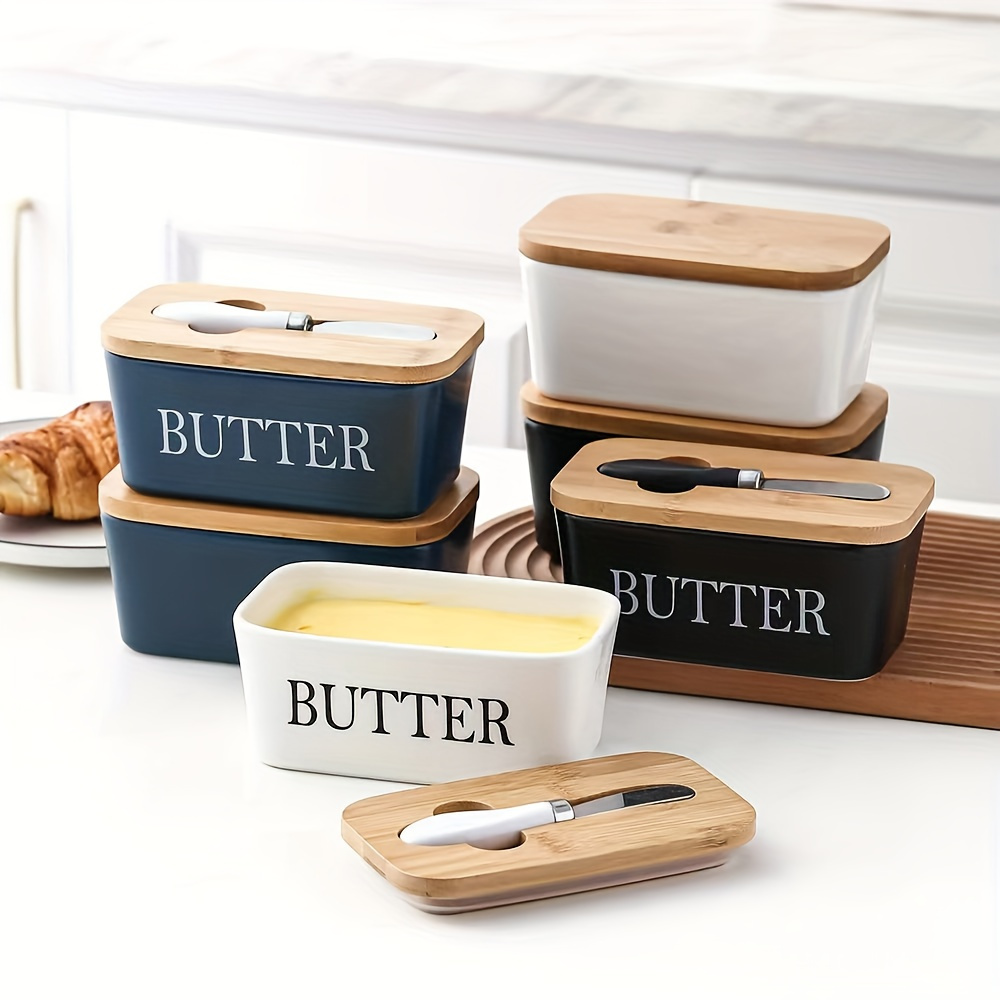 

Ceramic Butter Dish Set With Wooden Lid And Stainless Steel Knife, Large Kitchen Food Storage Container For Counter Or Refrigerator, Butter Keeper With Freshness Seal, Food-contact Safe