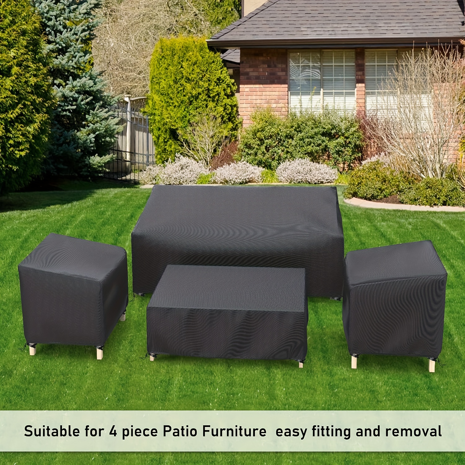 TEMU Black 4pcs Outdoor Furniture Cover Set - Windproof Straps, Fits Sofas, Lawn Chairs & Coffee Tables, Patio Rain, Use, Outdoor Furniture