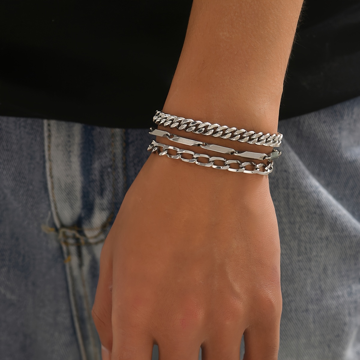 TEMU Set Of 3 Stylish -shaped 316l 316l Stainless Steel Bracelets, Versatile Titanium 316l 316l Stainless Steel Bracelet With Hip-, Use By Men, Ideal