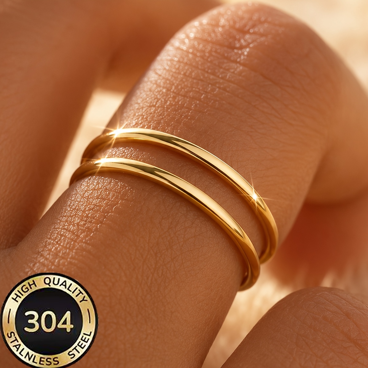 TEMU Women's 18k Golden Plated Double Layer , 304 Stainless Steel Adjustable Double Sleeve Ring, Non-glossy Hypoallergenic Minimalist Stackable Band,