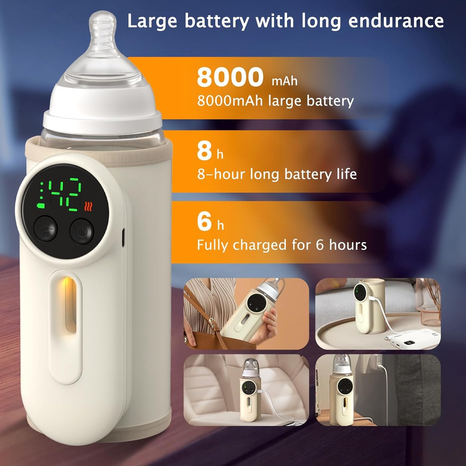 Преносим загрявач за бутилки с регулируема температура и акумулатор 8000mAh, загрява бързо и поддържа топлина до 5-8 часа. Точен контрол на температурата за удобно хранене по всяко време и навсякъде. Загрява мляко без добавяне на вода