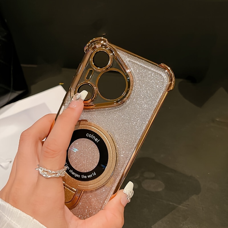 Luxury Electroplated PC Phone Case with Holder, Air Cushion, Wireless Charging for Huawei P70 - Anti-Drop Protective Shell with HD Lens Film_voghion.com